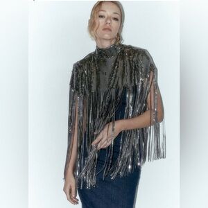 NWT Zara Fringed Sequin Cape